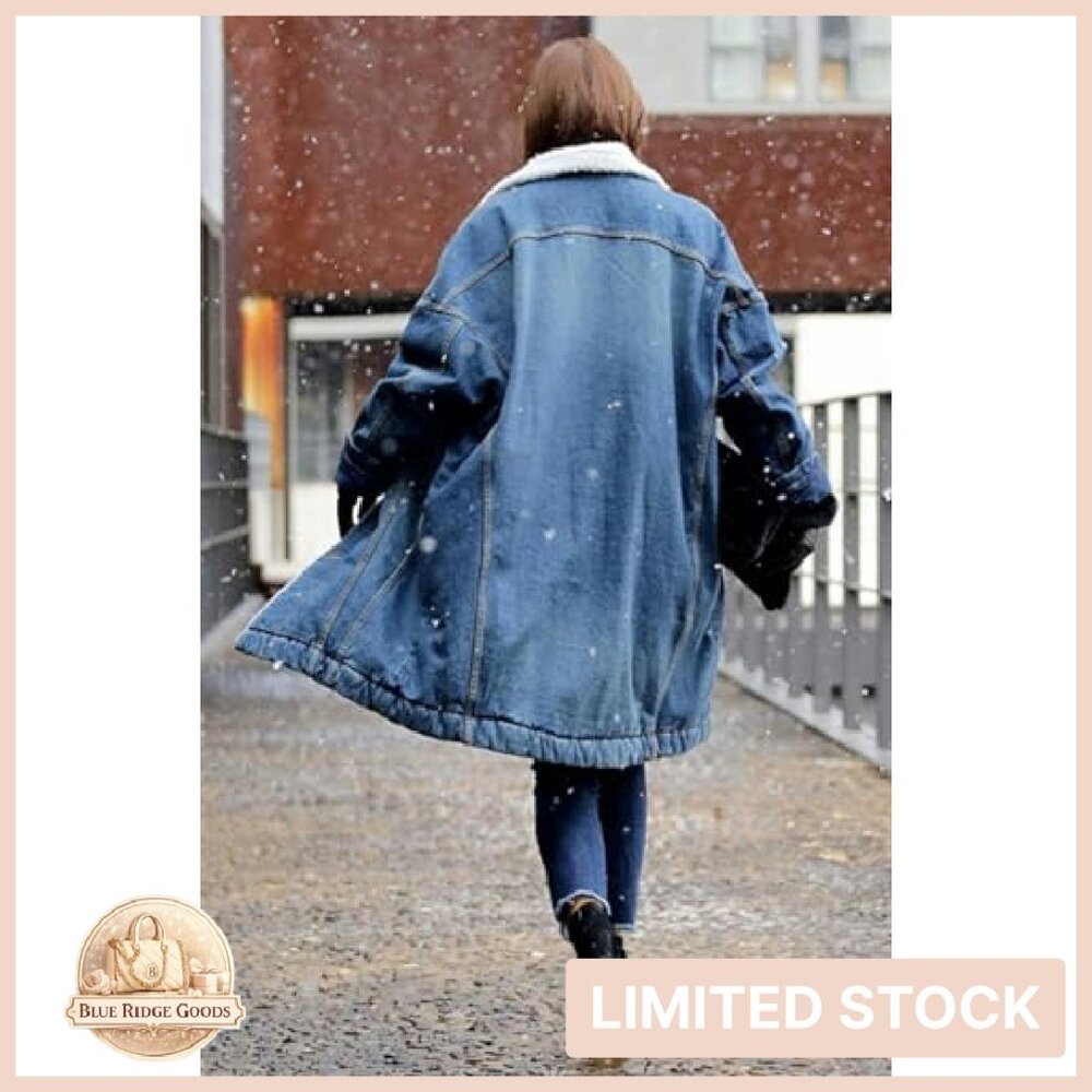 Long Sherpa Fleece Lined Denim Jacket Oversized Trucker Coat Vintage Style - Picture 7 of 7